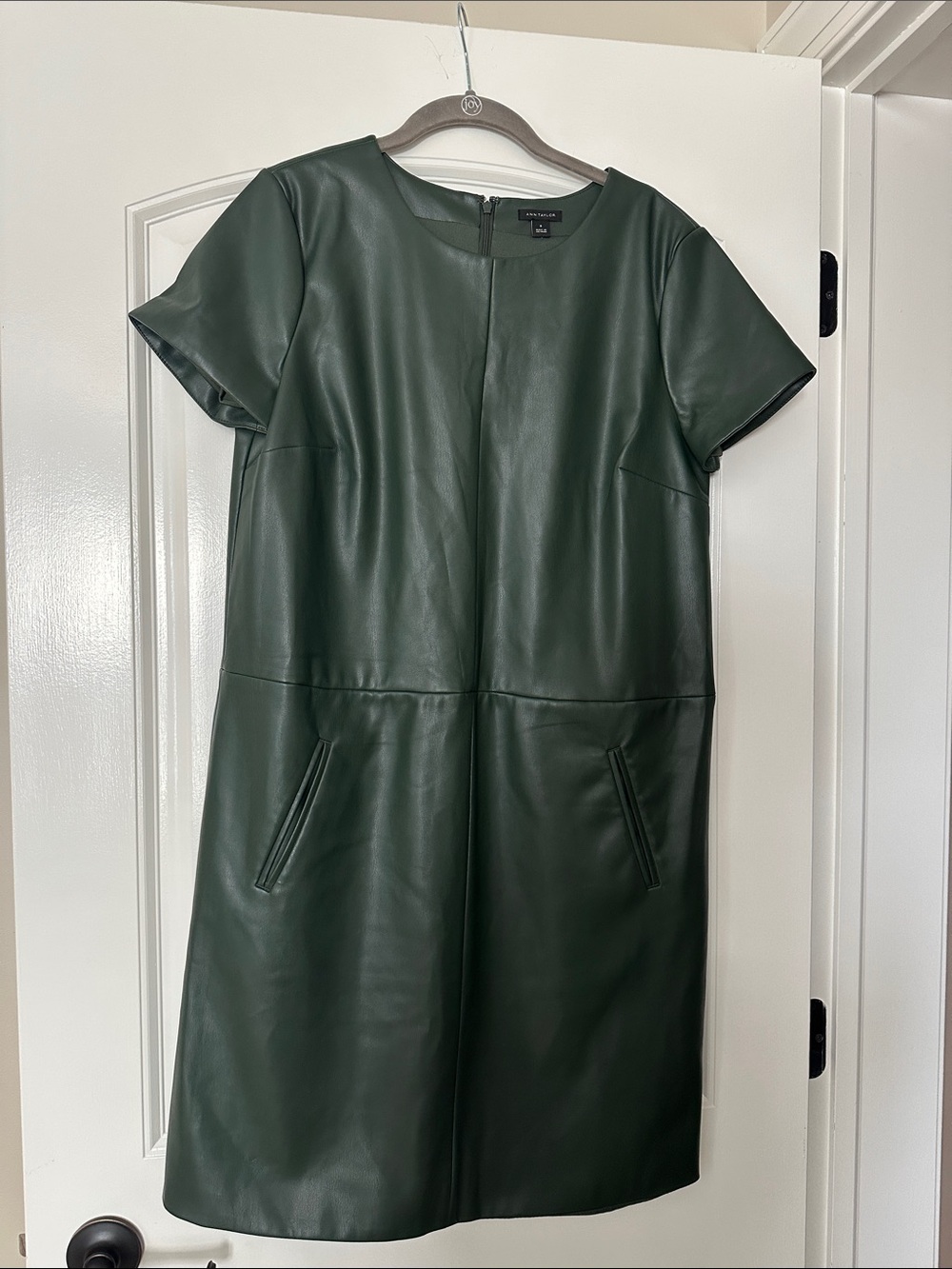 Ann Taylor Dark Green Faux Leather Short-Sleeve Shift Dress